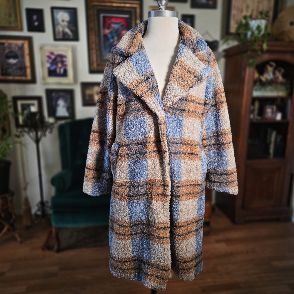 Stoosh Plaid Teddy Coat Blue Brown Sherpa Faux Shearling Long Jacket Small S